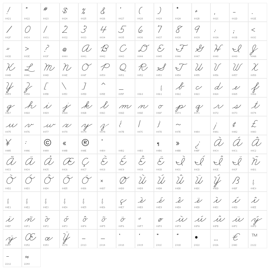 DmoZBCursive-Regular Character Map