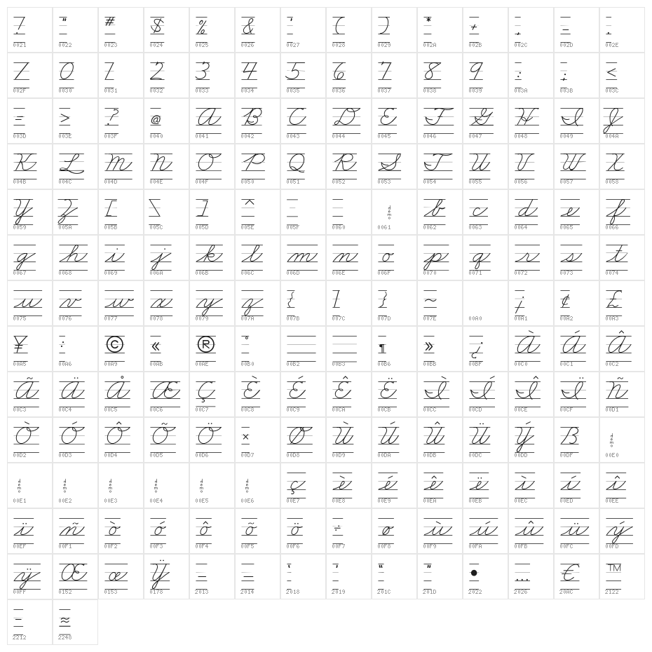 DmoZBCursiveLine Character Map