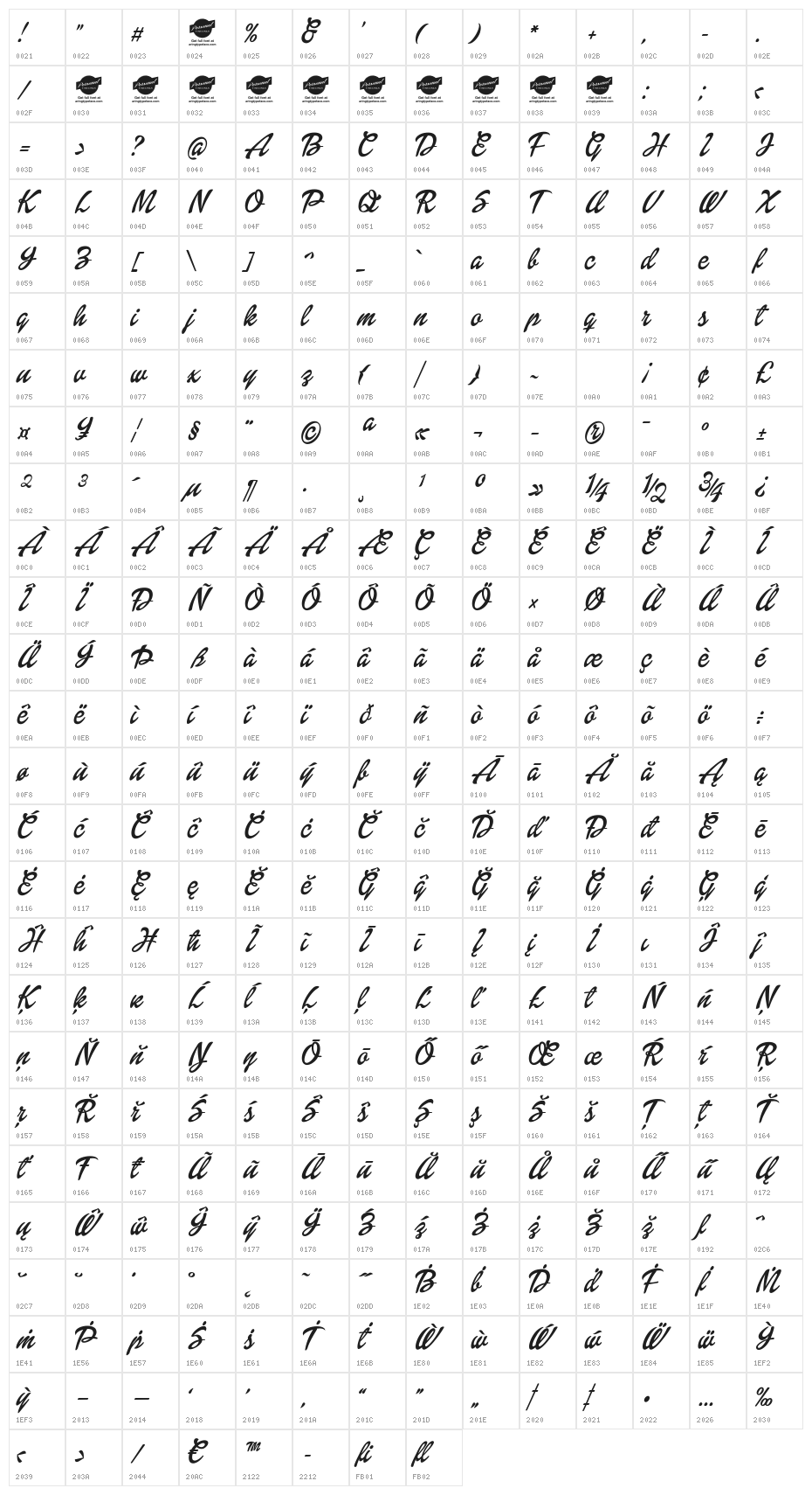 Dollie Script Personal Use Character Map