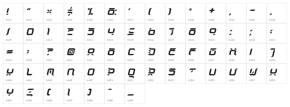 DorisOrange Italic Character Map