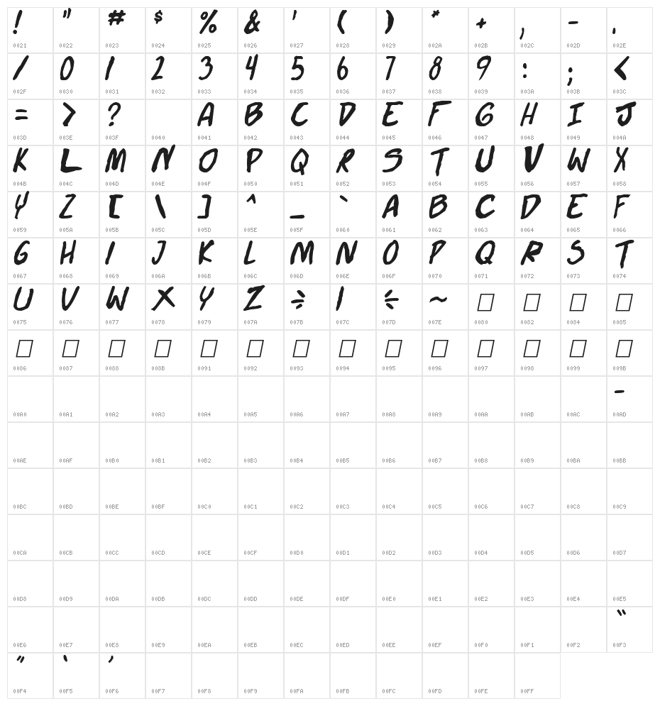 Doujinshi Pro Bold Italic Character Map