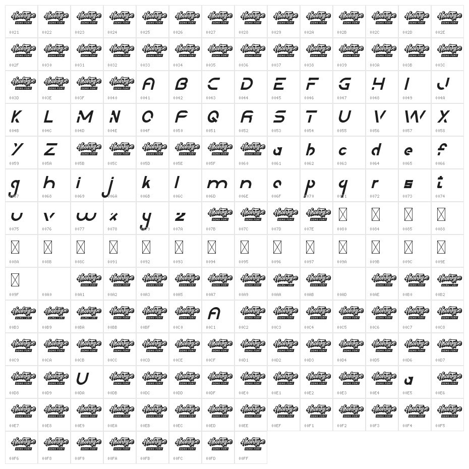 Downstream Demo Italic Character Map