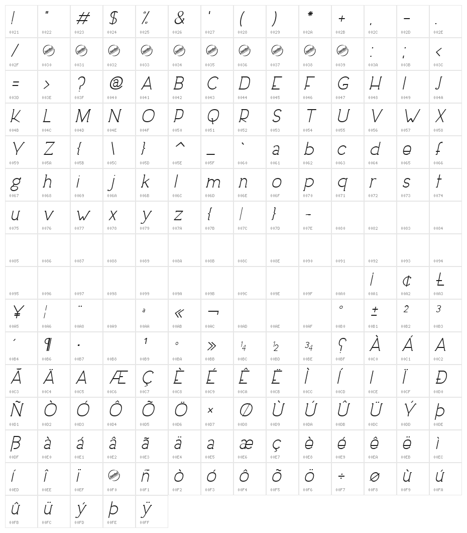 DowntownElegance-Italic Character Map
