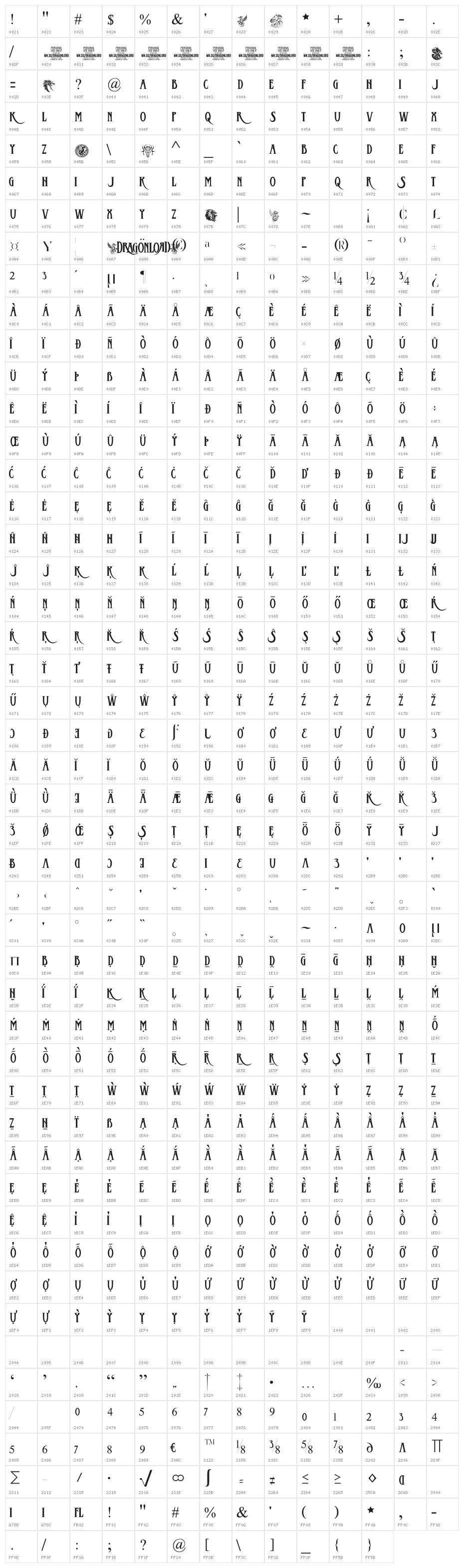 Dragonlord PERSONAL USE ONLY Regular Character Map