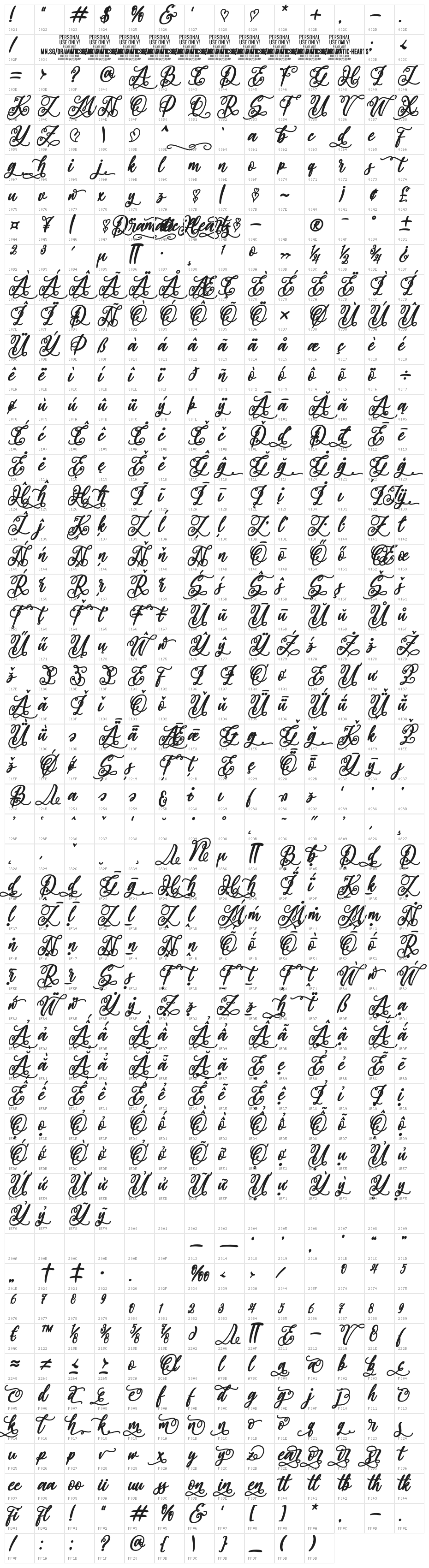 Dramatic Hearts Bold Italic PERSONAL Bold Italic Character Map