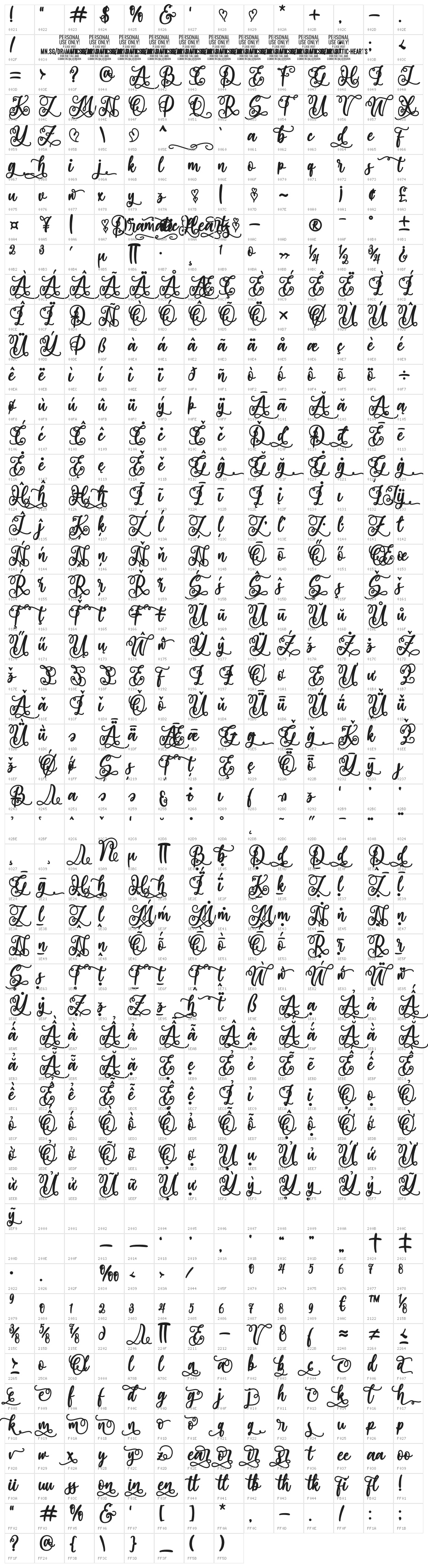 Dramatic Hearts Bold PERSONAL Bold Character Map