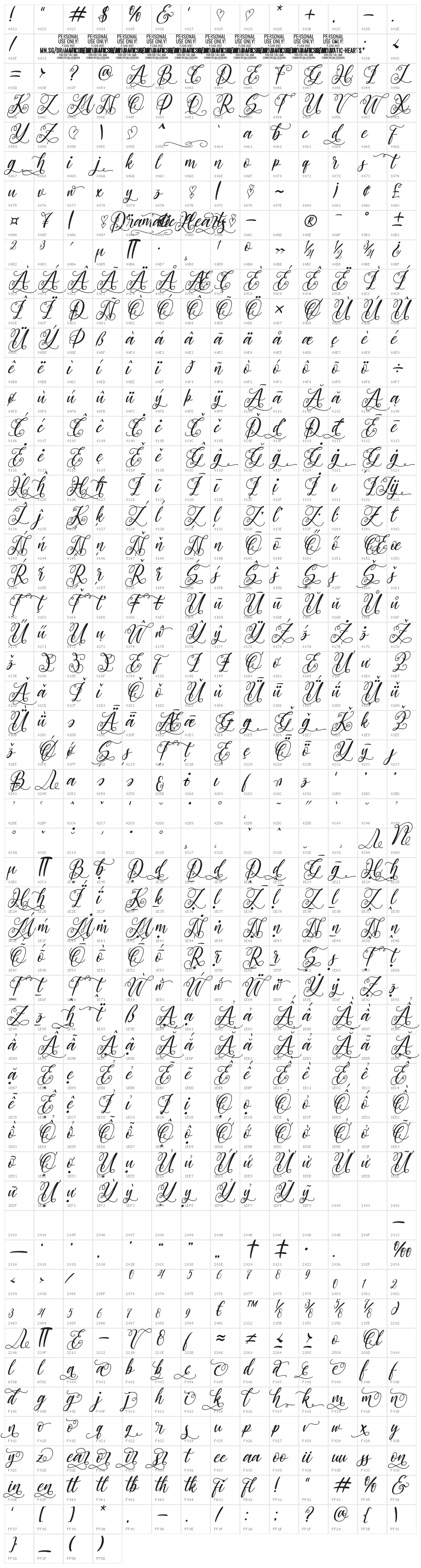 Dramatic Hearts Italic PERSONAL Italic Character Map