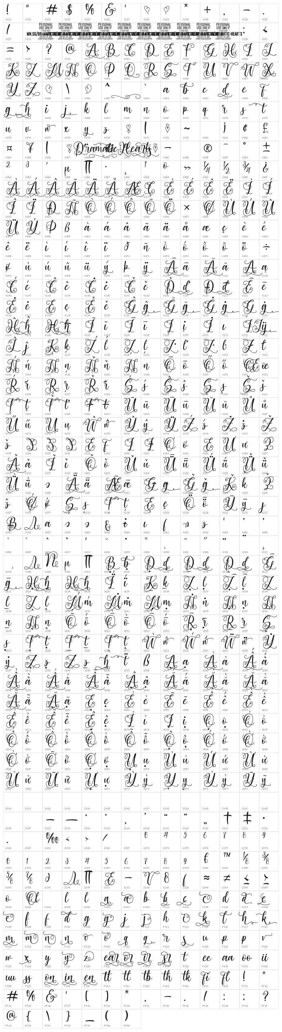 Dramatic Hearts PERSONAL Regular Character Map