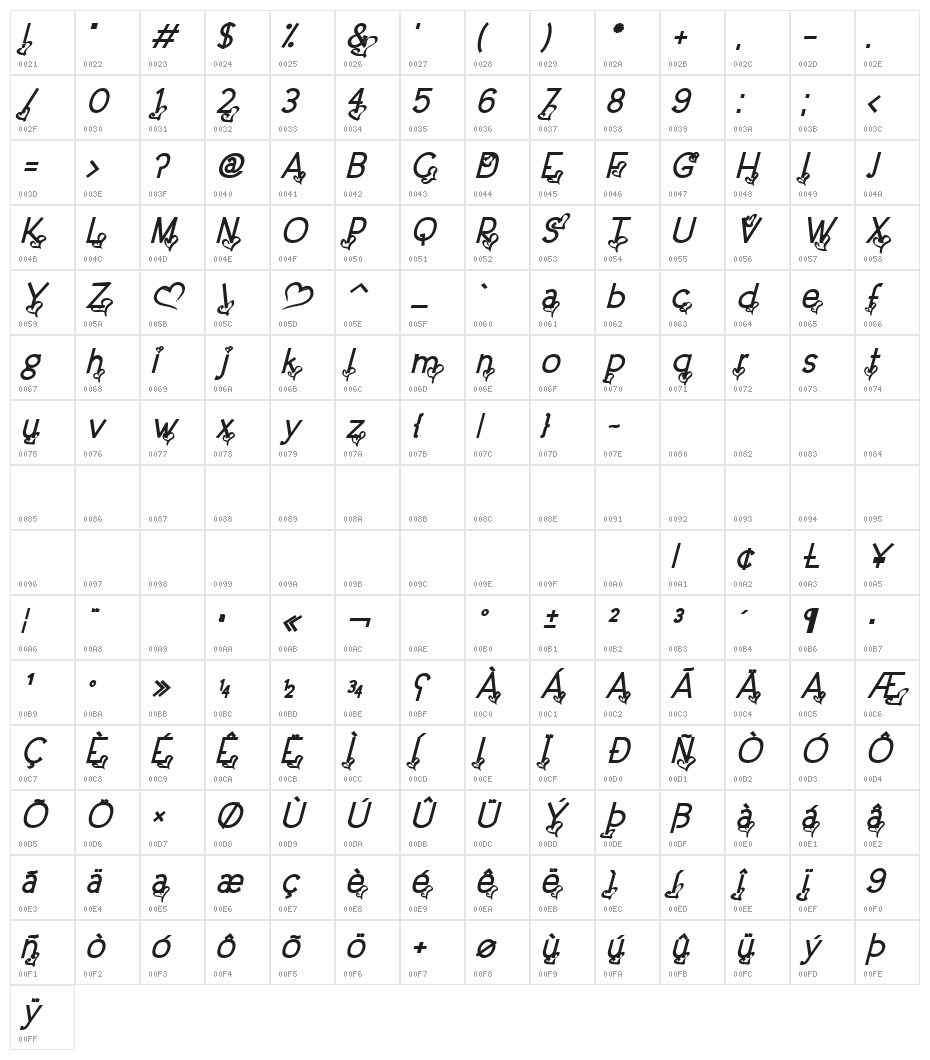 Dream Love Valentine Bold Italic Character Map