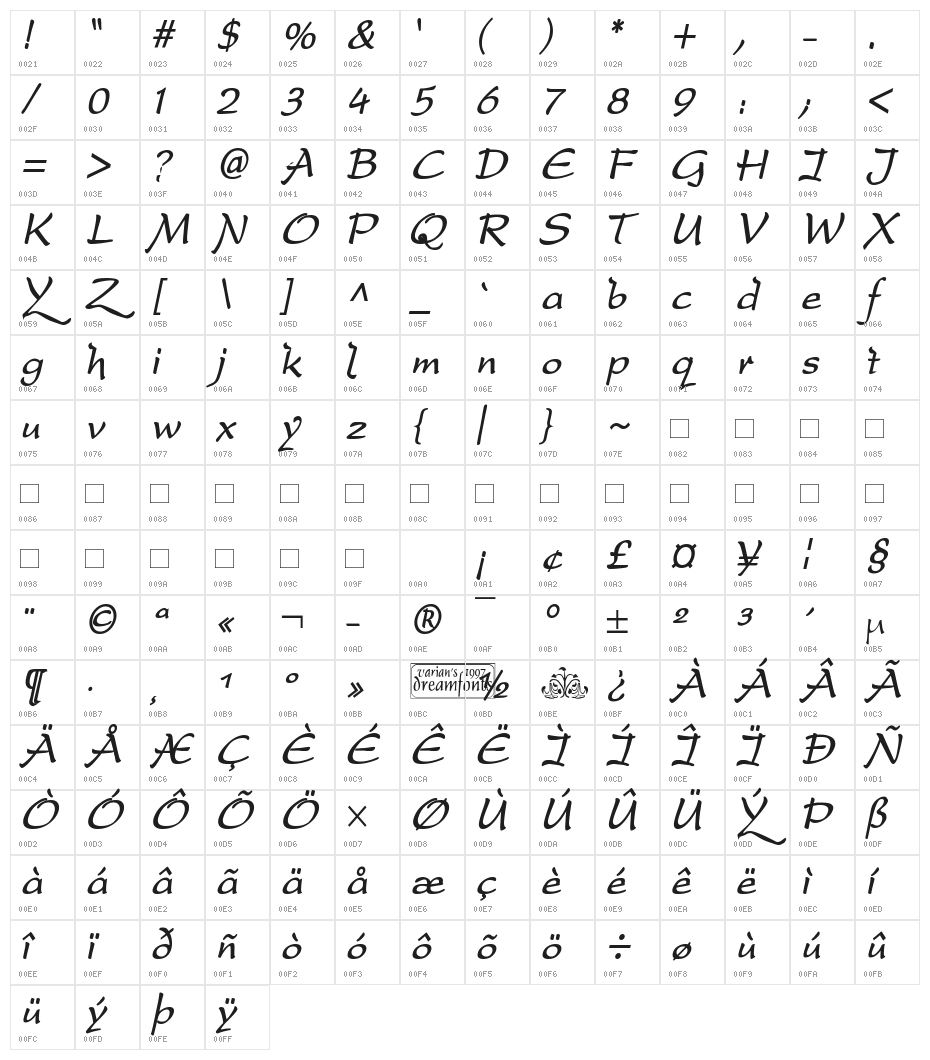 DreamerOne Bold Italic Character Map