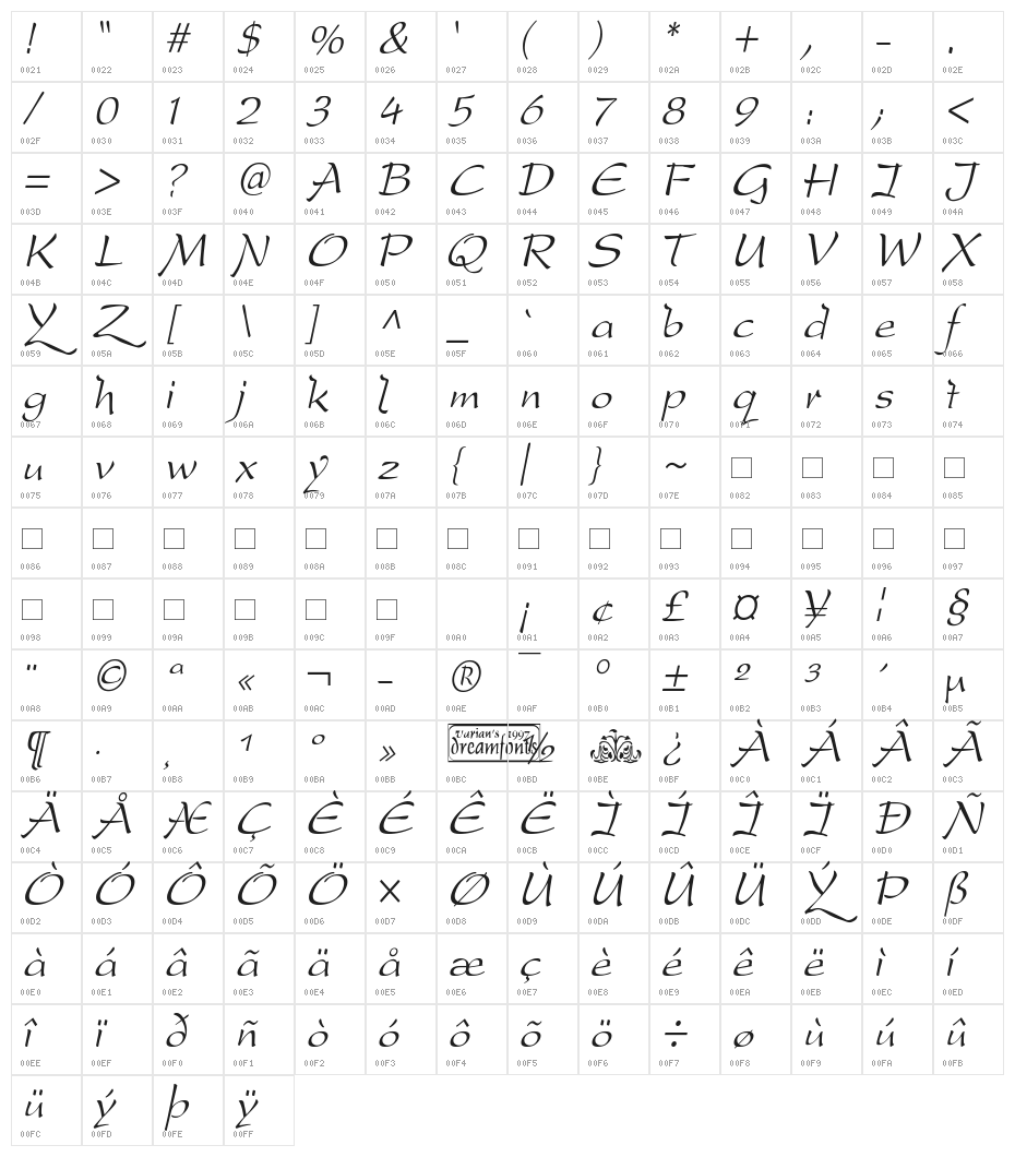DreamerOne Italic Character Map