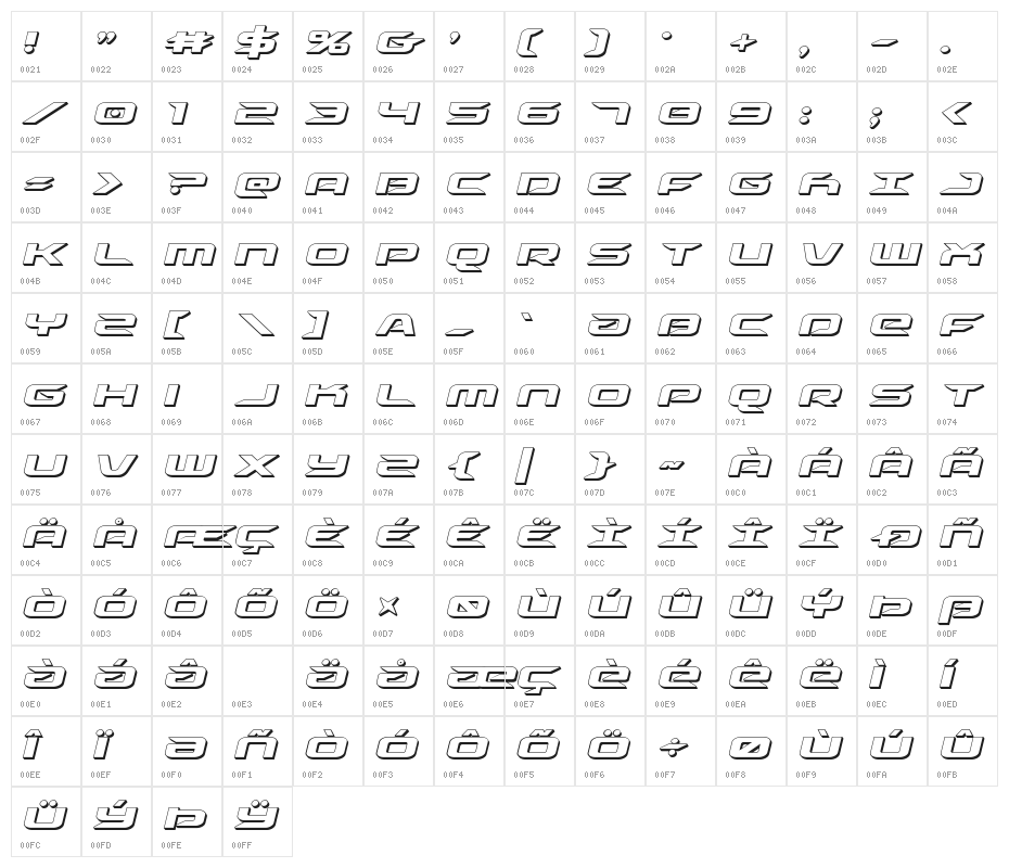 Drive 3D Italic Character Map