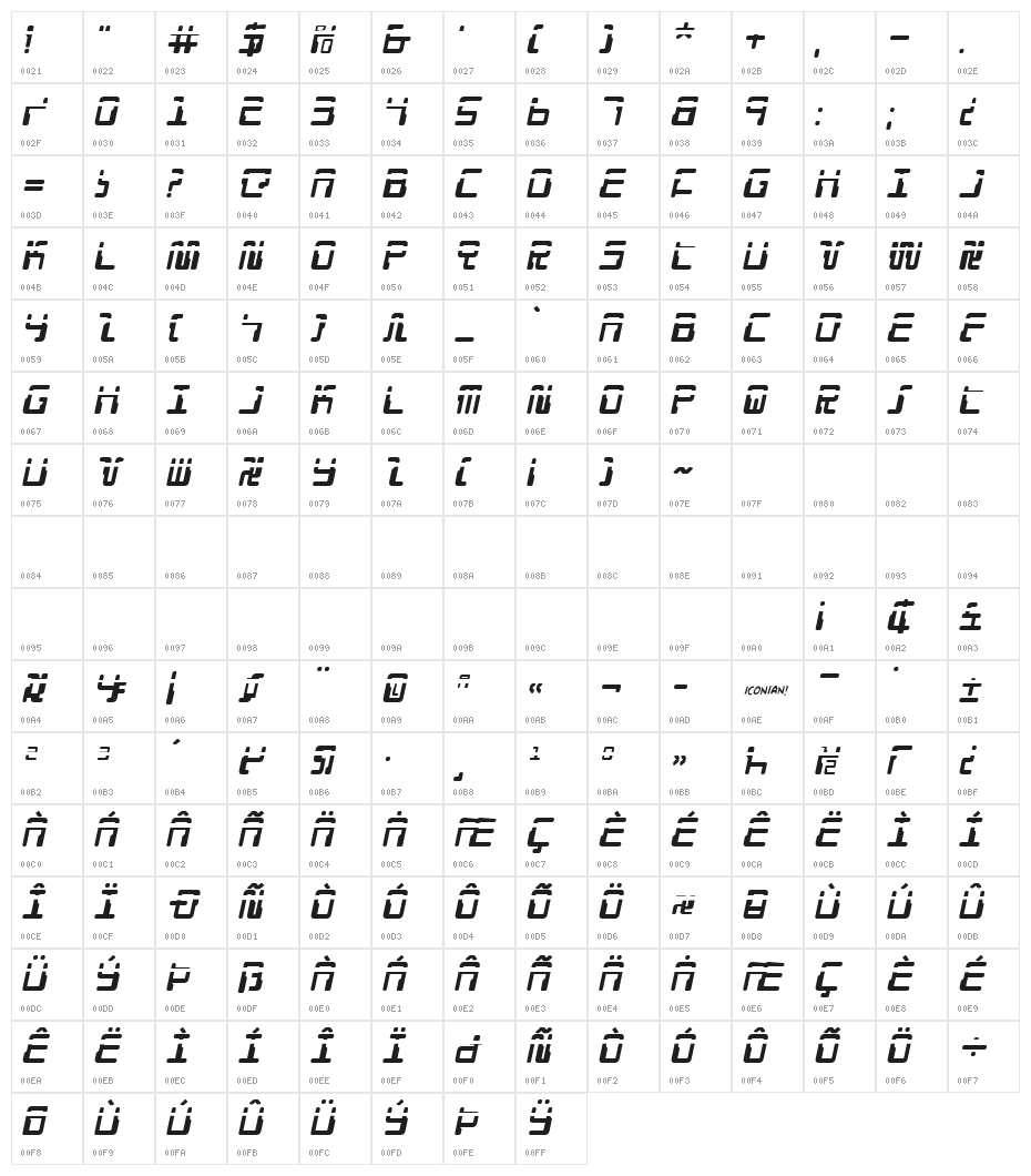 Droid Lover Laser Italic Character Map
