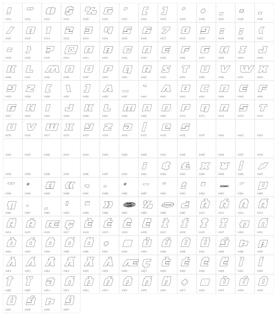 Drone Tracker Thin Outline Italic Character Map