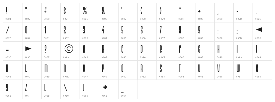 DS Narrow Extra-condensed Medium Character Map