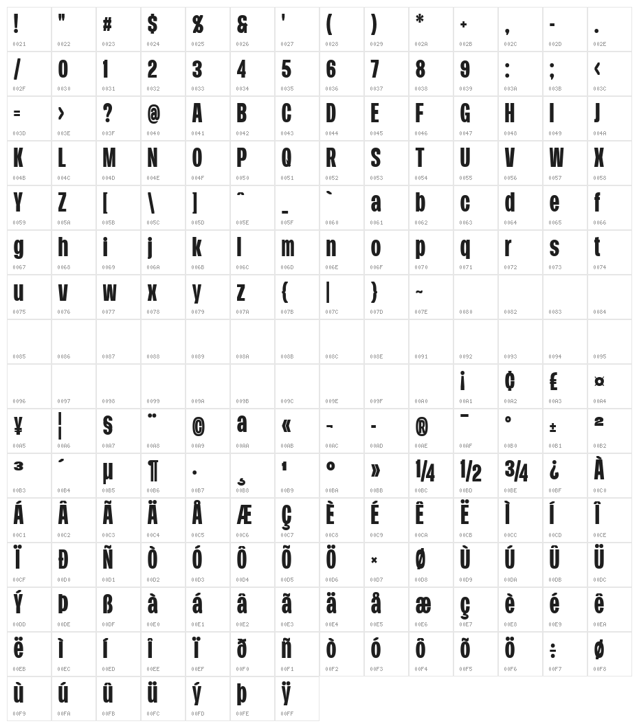 Duera PERSONAL USE Condensed Bold Character Map