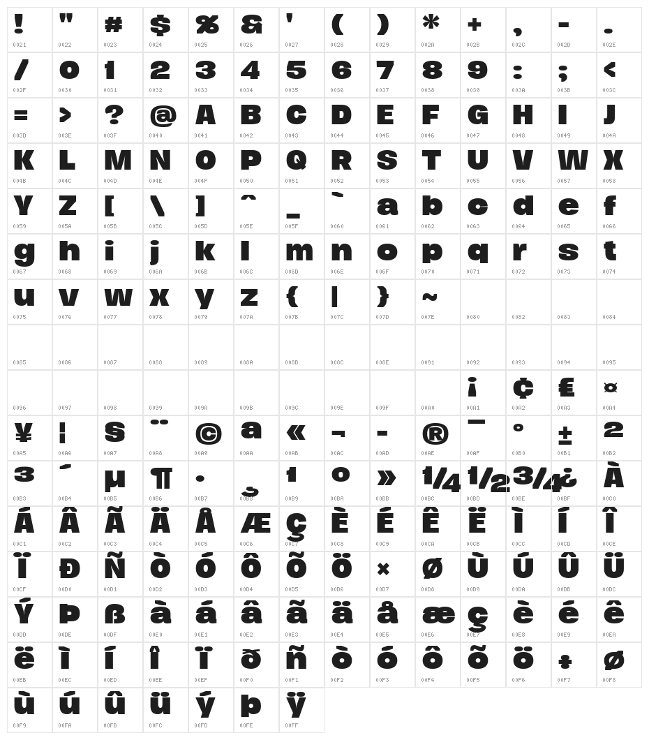 Duera PERSONAL USE Expanded Bold Character Map