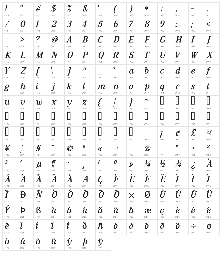 Dustismo Roman Bold Italic Character Map