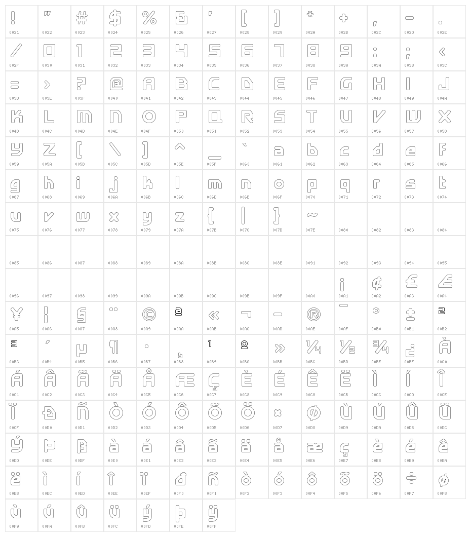 E4 Digital V2 Hollow Regular Character Map