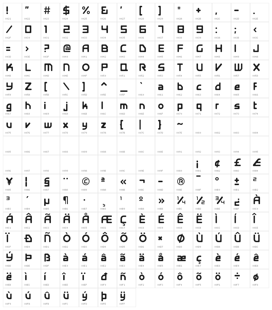E4 Digital V2 Light Regular Character Map