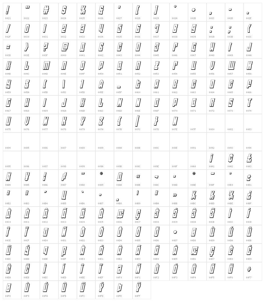 EAST-west 3D Italic Character Map