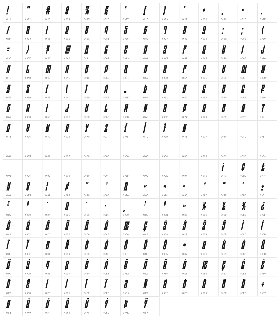 EAST-west Condensed Italic Character Map