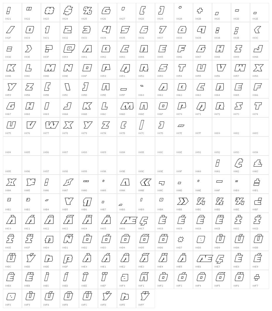 Eagle Strike Bold Outline Italic Character Map