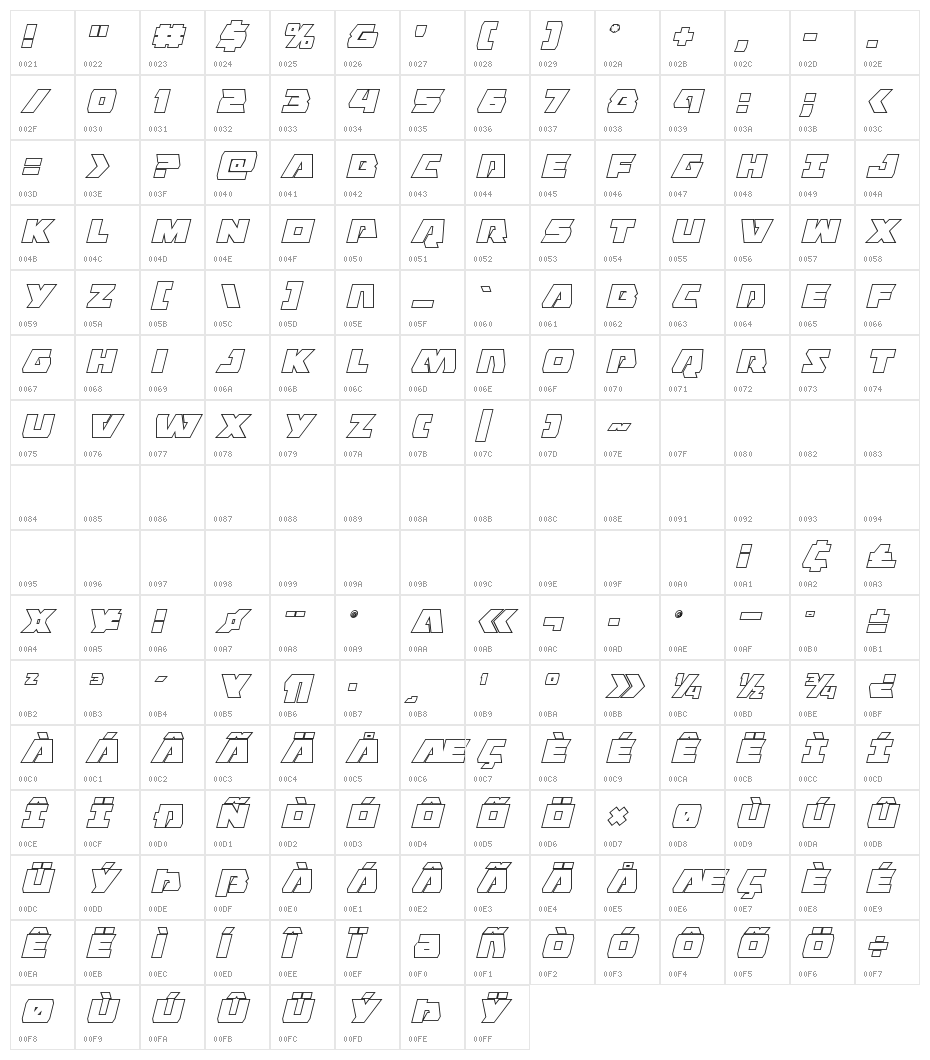 Eagle Strike Outline Italic Character Map
