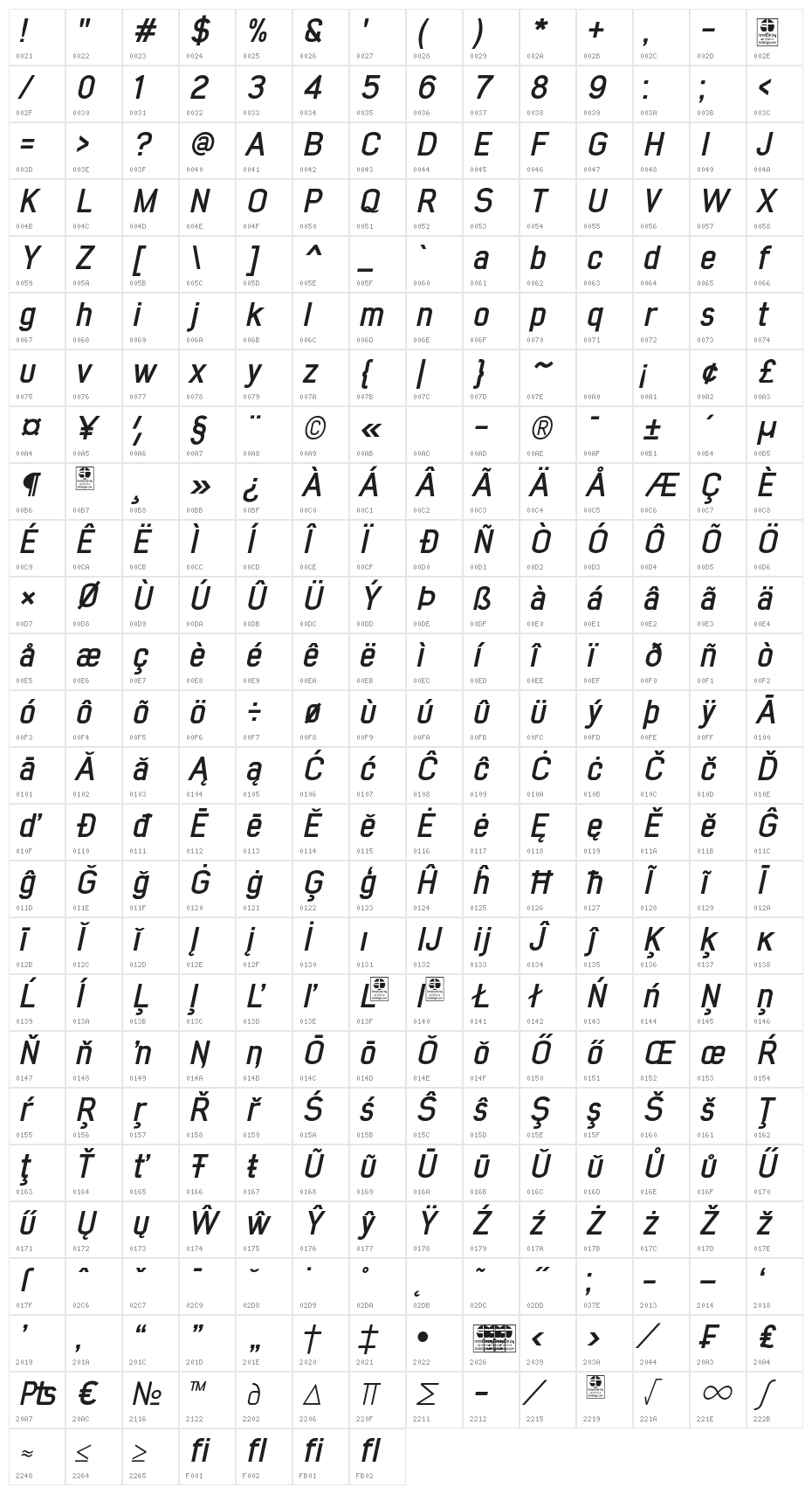 Early Times Bold Italic Demo Character Map