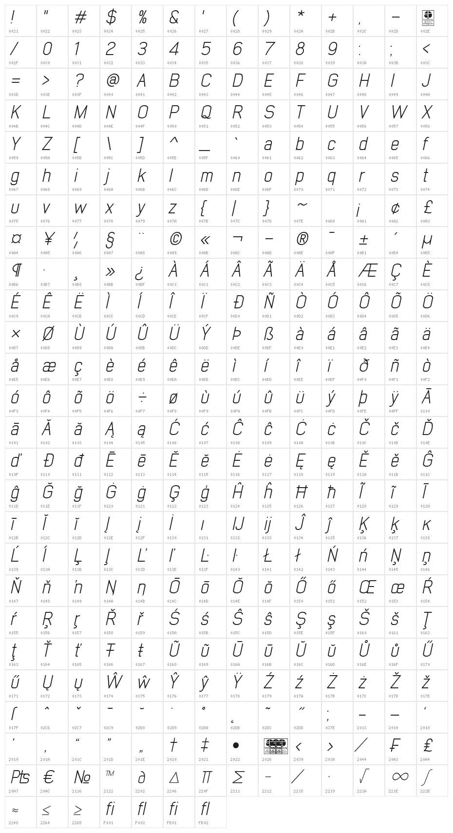 Early Times Light Demo Italic Character Map