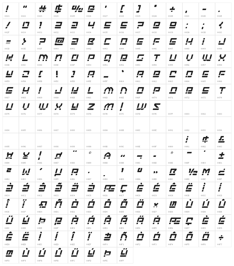 Early Warning Laser Italic Character Map