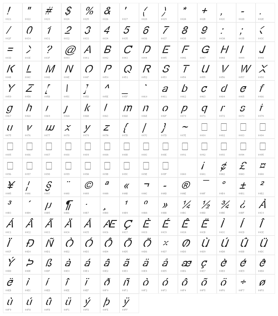 Eco-Files Italic Character Map