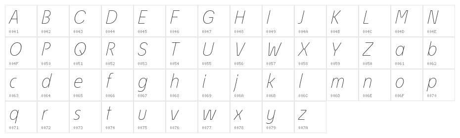 EconoSansRed-36ThinItalic Character Map