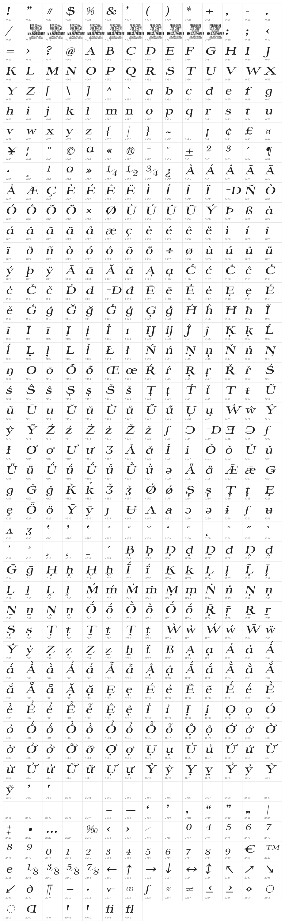 Ekorre PERSONAL USE ONLY Regular Italic Character Map