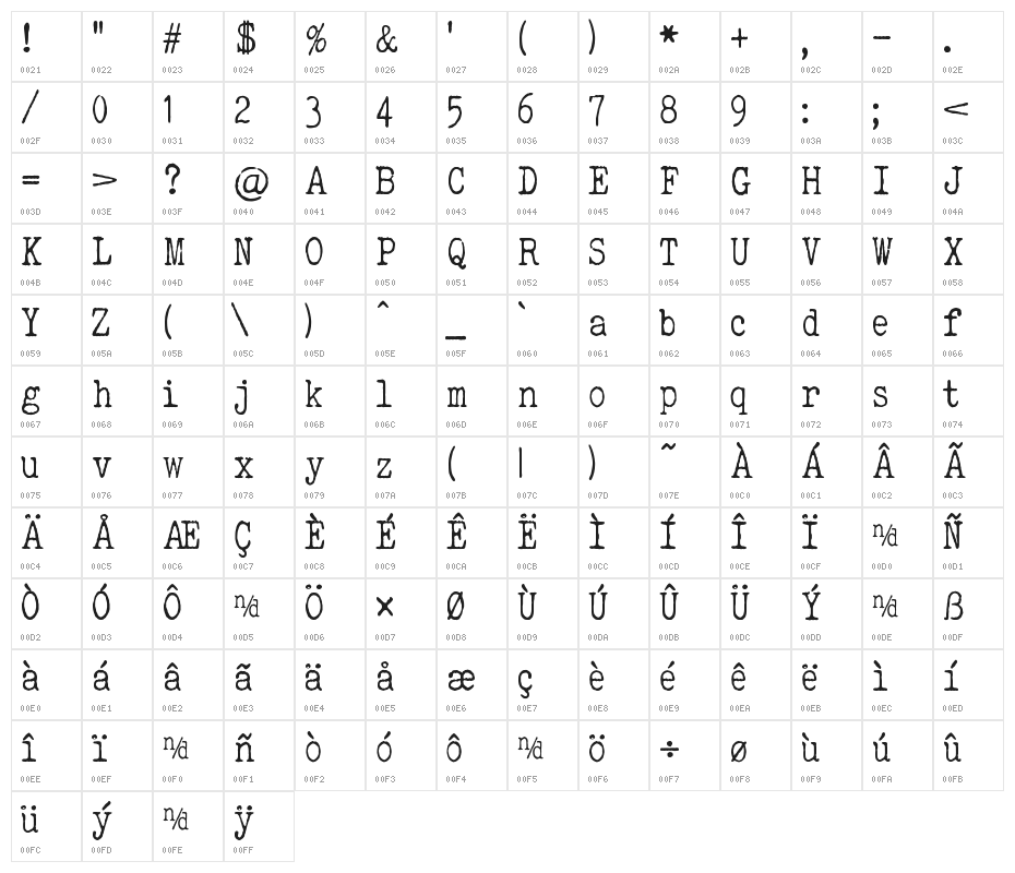 ELEGANT TYPEWRITER Character Map