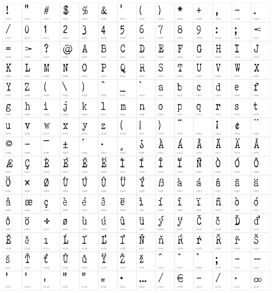 ELEGANT TYPEWRITER Character Map