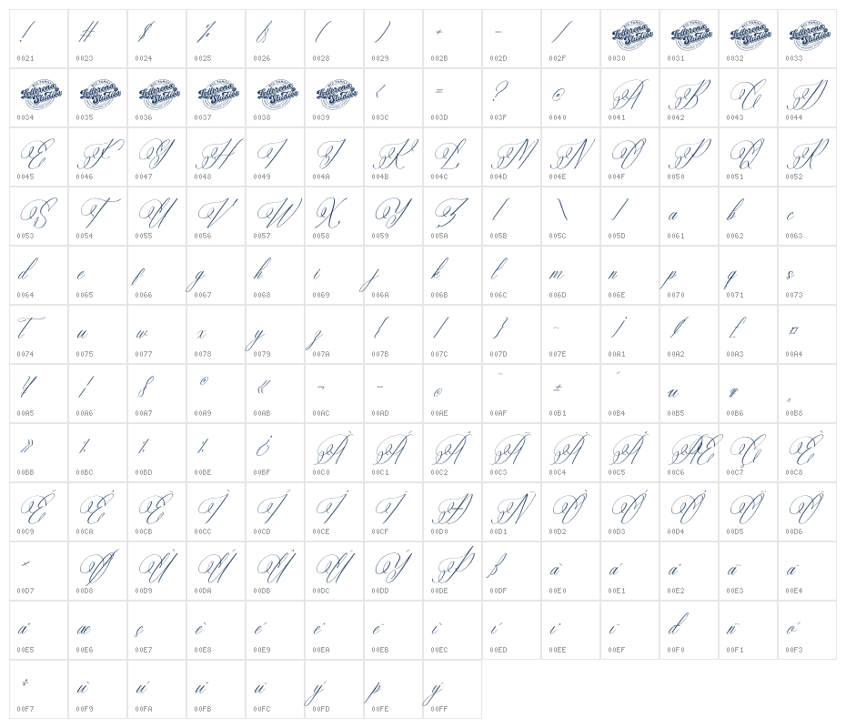Eladorna Gladiota DEMO VERSION Italic Character Map