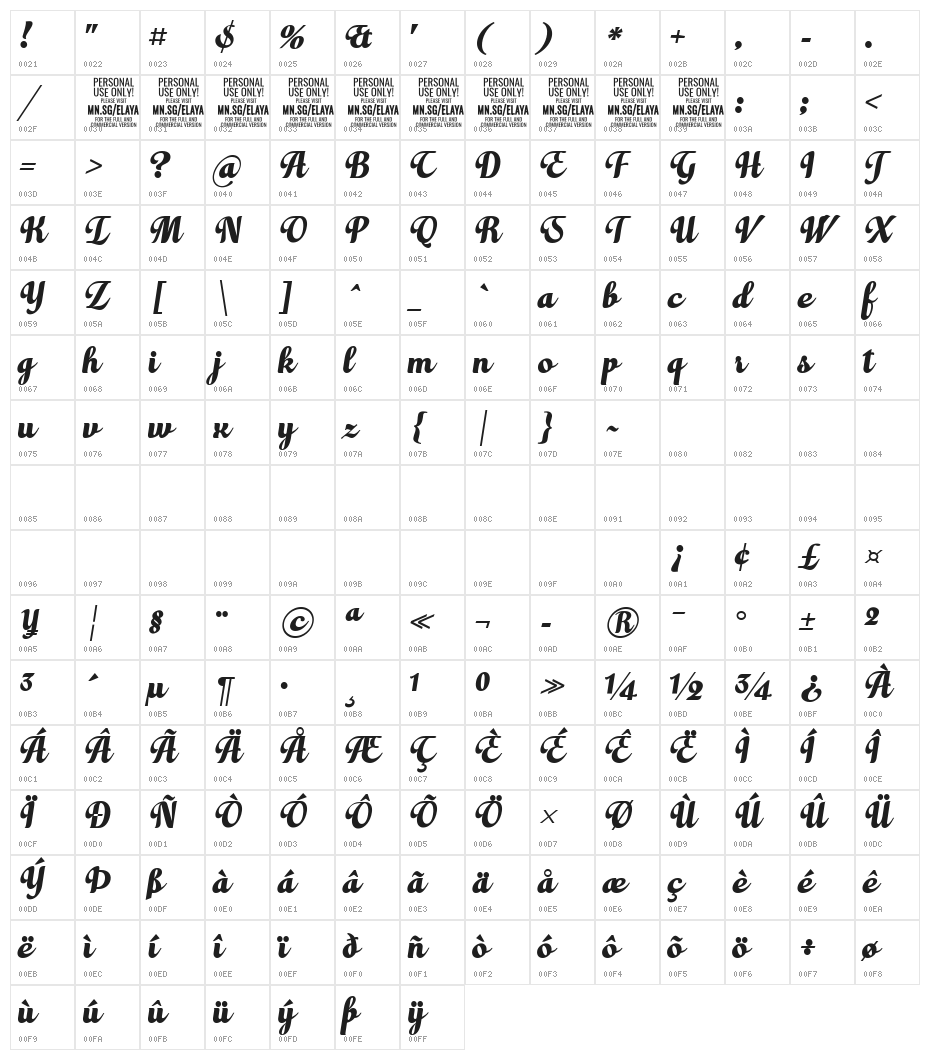 Elaya Script PERSONAL USE ONLY Character Map