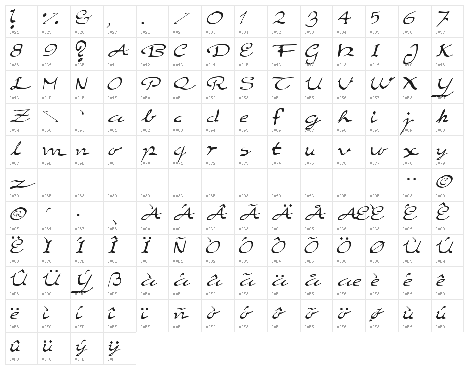 Elegant hand Script Character Map