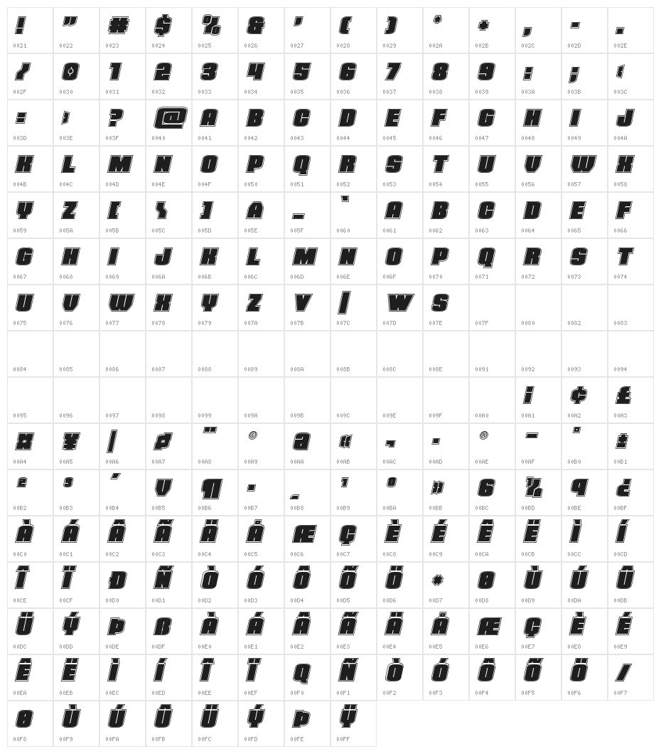 Elephant Gun Academy Italic Character Map