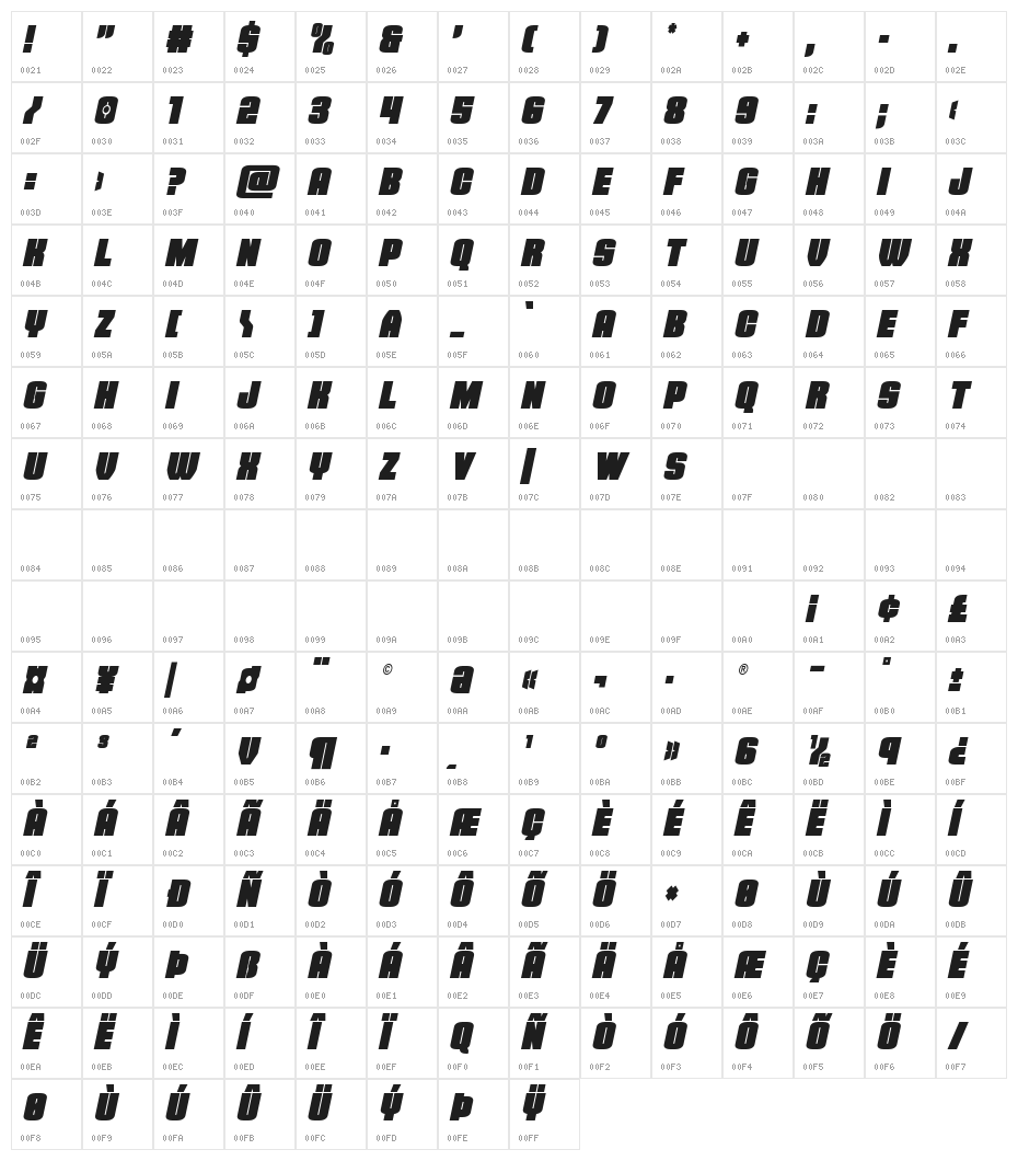 Elephant Gun Condensed Italic Character Map