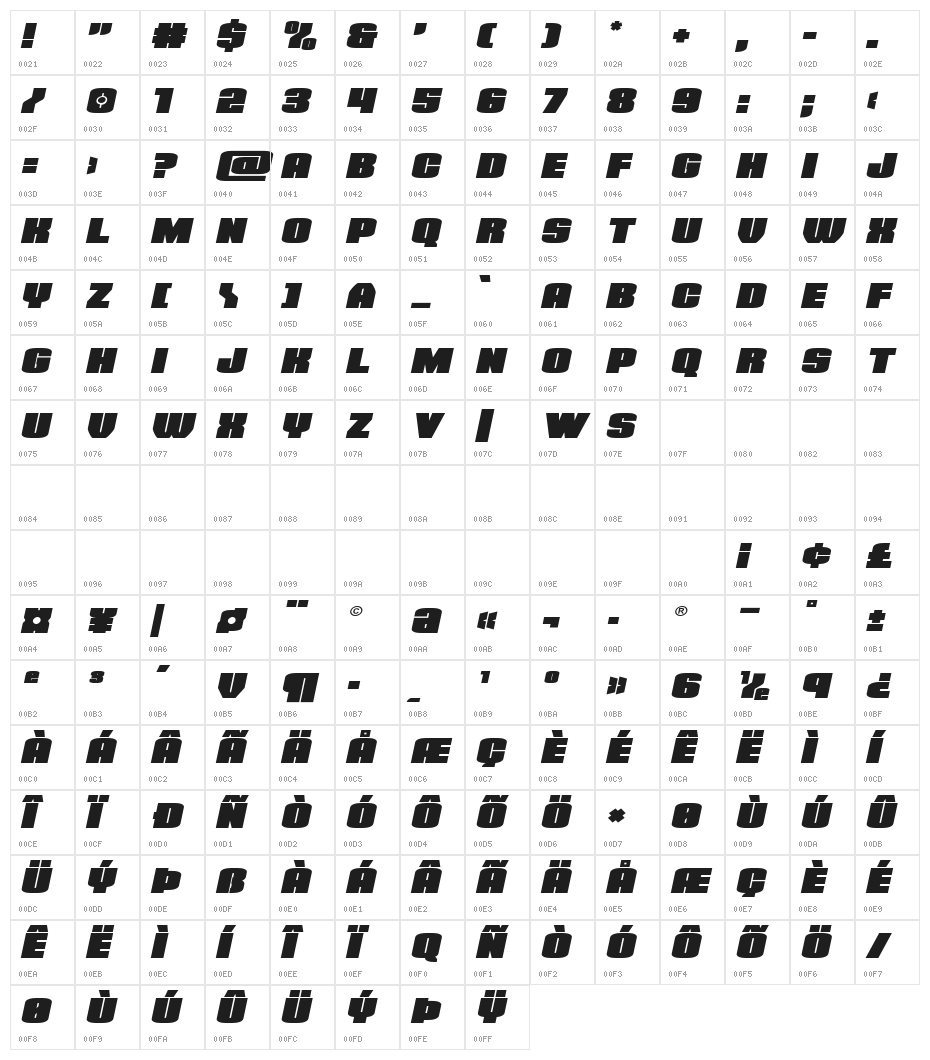 Elephant Gun Expanded Italic Character Map