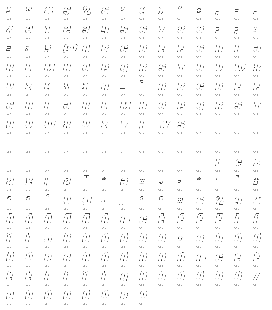 Elephant Gun Outline Italic Character Map