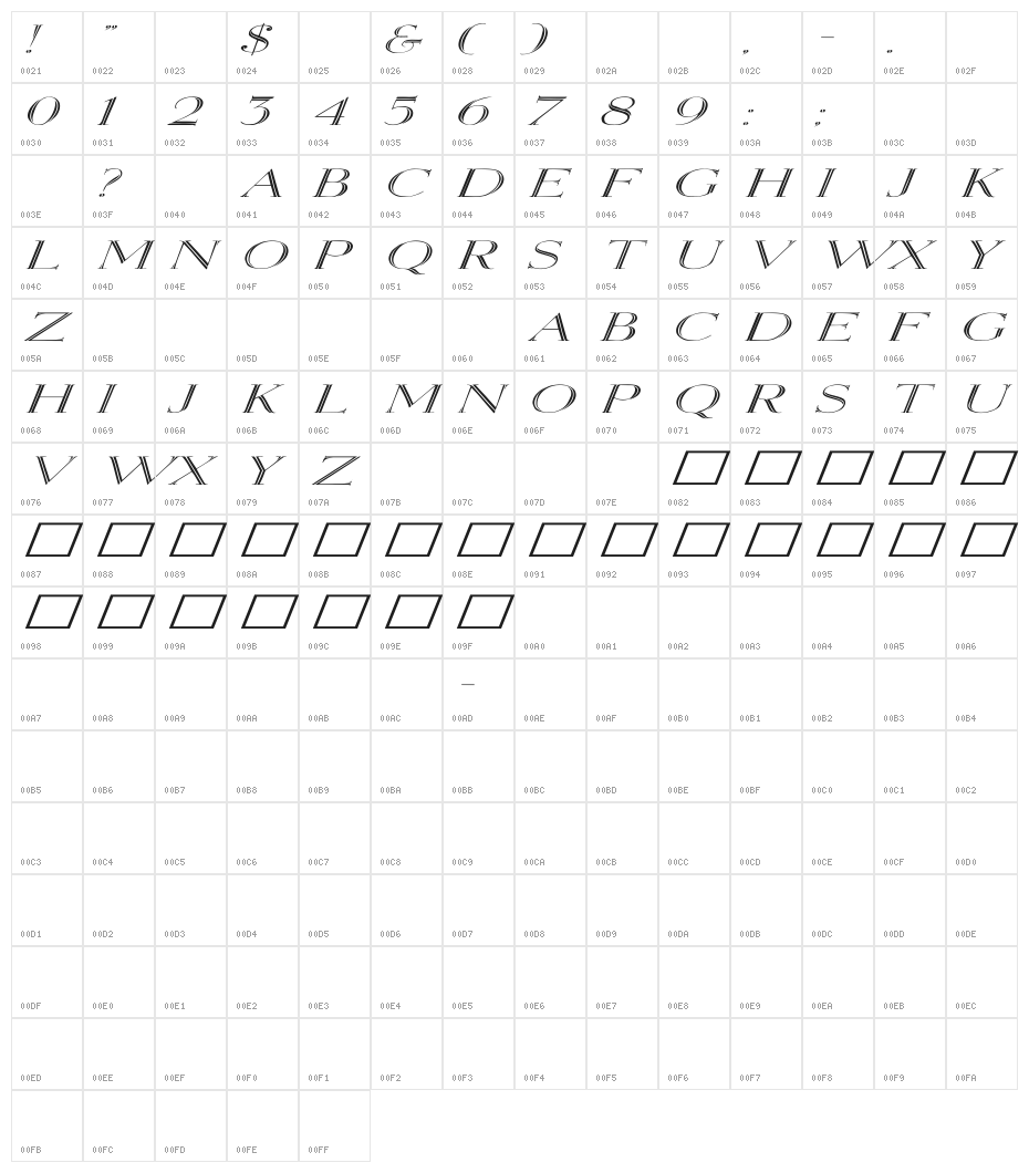 Elizabeth Ex Italic Character Map