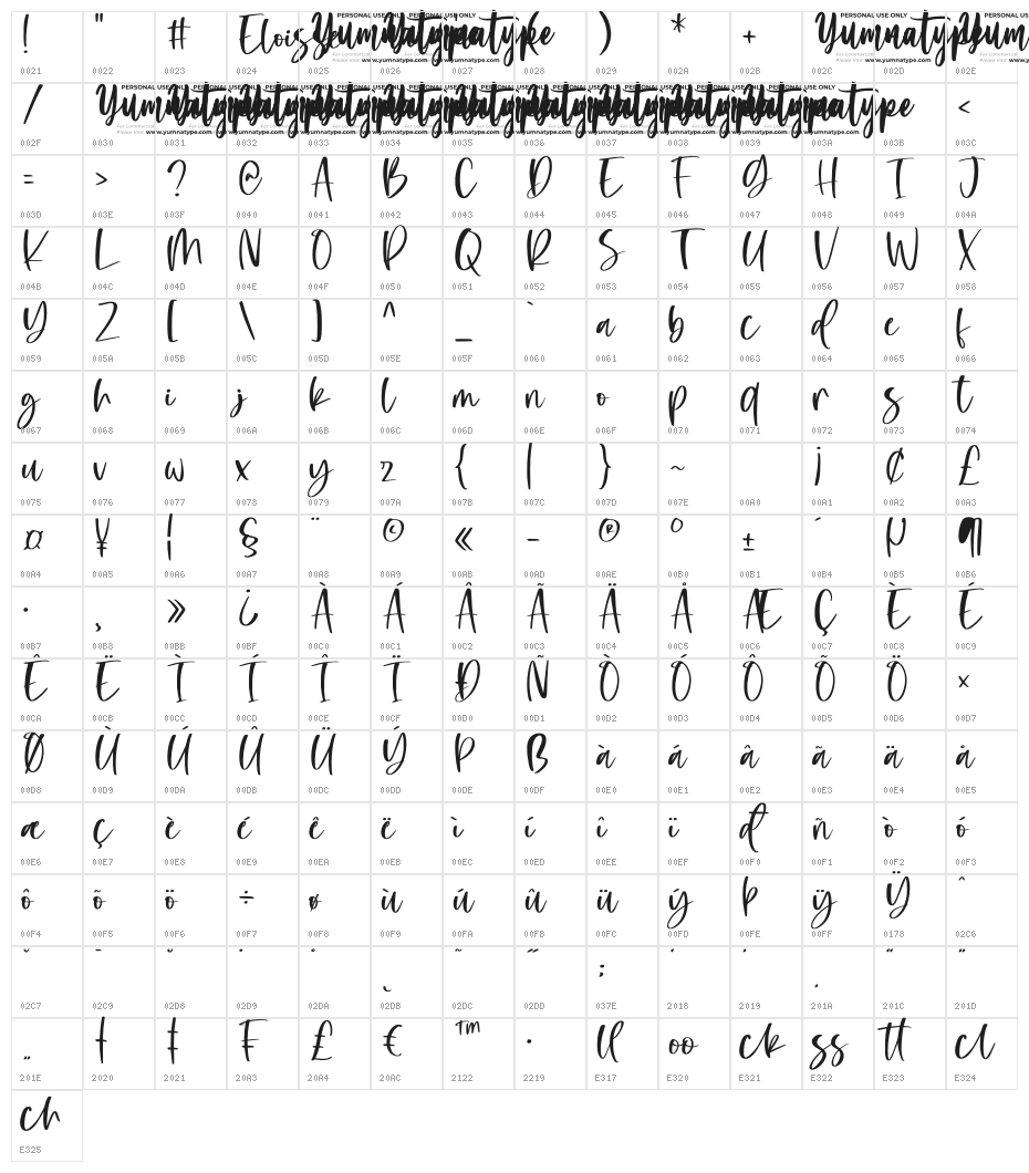 Eloisse Personal Use Character Map