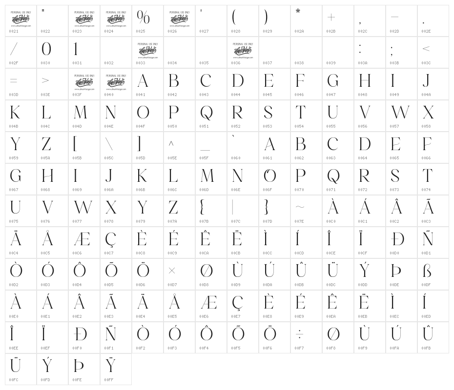 Emeralde Chamerions Serif Character Map