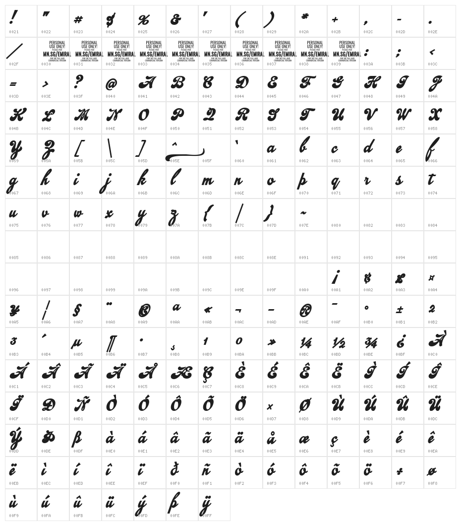 Emiral Script Bold PERSONAL USE Character Map