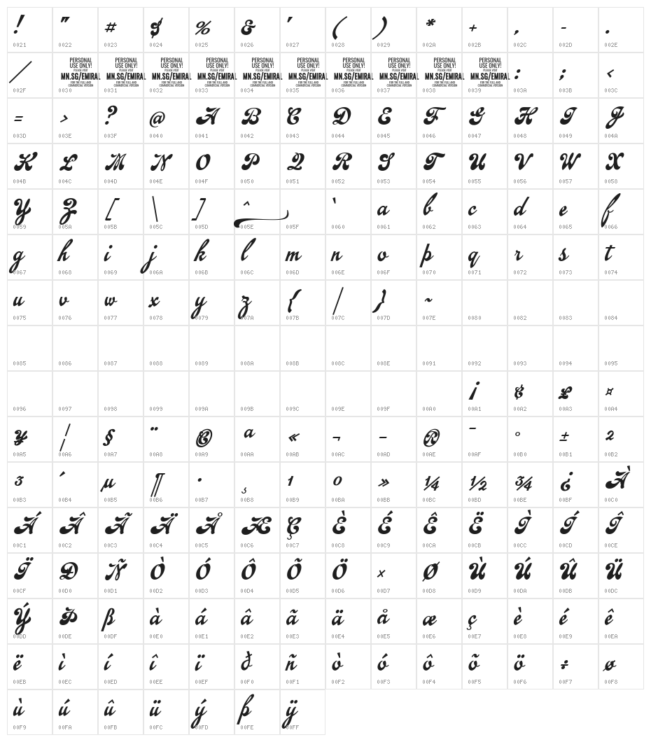 Emiral Script PERSONAL USE Character Map