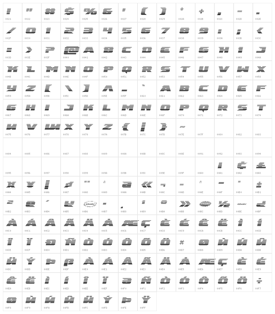 Emissary Scanlines Italic Character Map