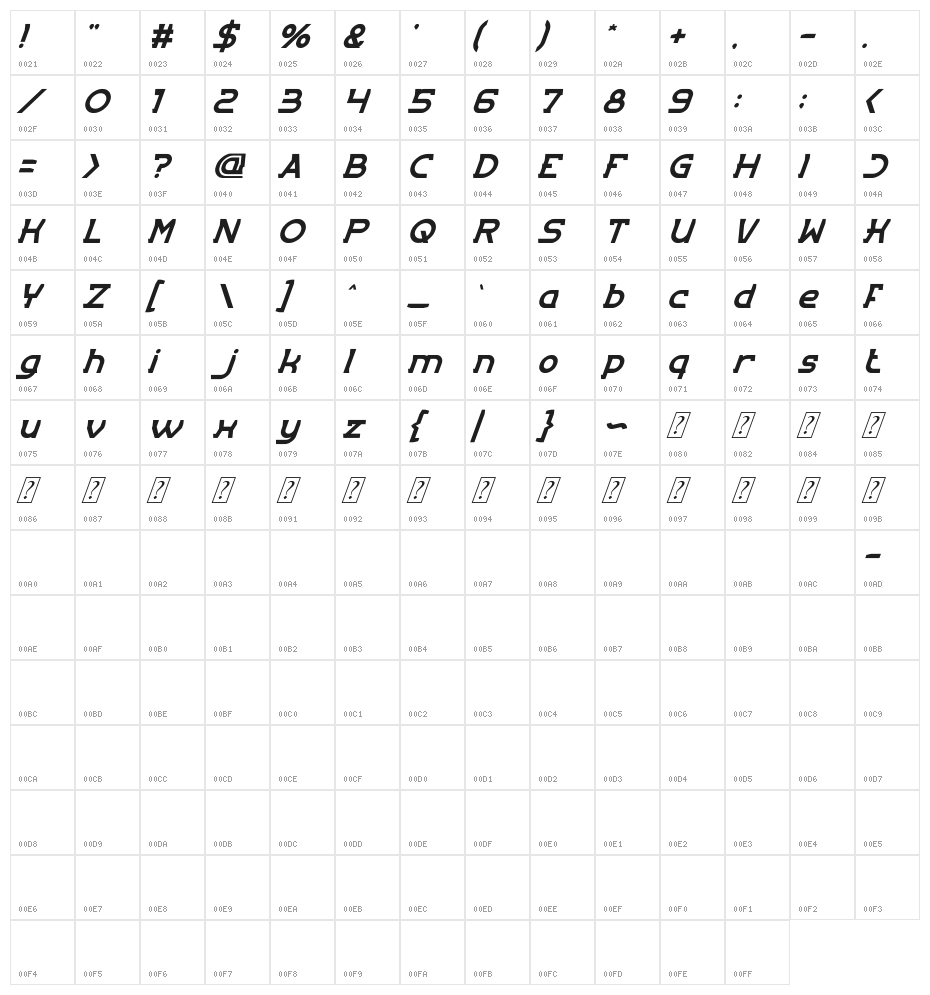 ENTRANCE Italic Character Map